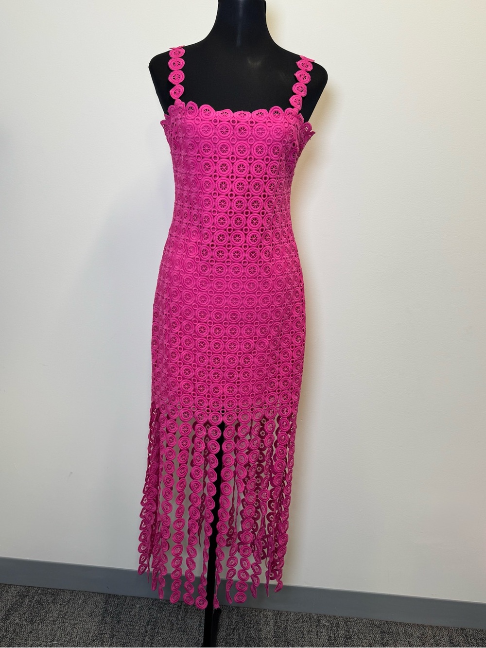 Just Me Fuchsia Crochet Fringe Midi Dress